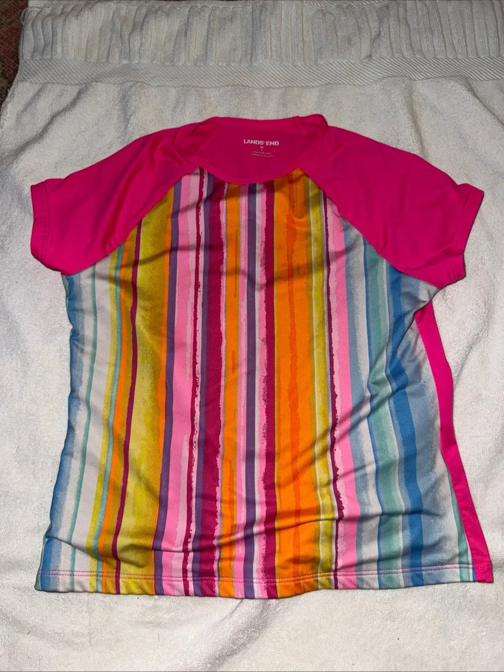Lands' End Girls' Pink Multi-Stripe Rash Guard swim top